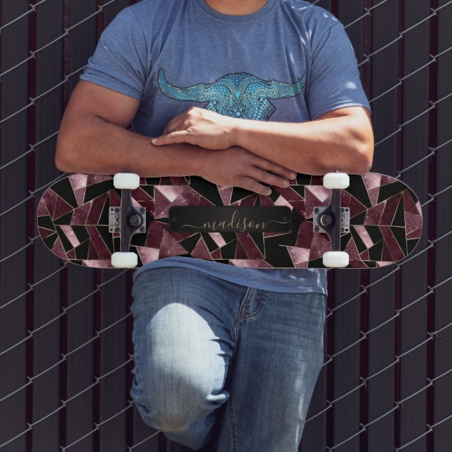 Dunkelrosa, Schwarz und Gold Abstraktes Muster Skateboard (Außenbereich 3)