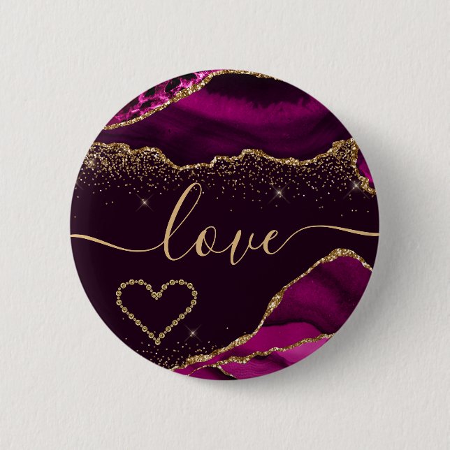 Dunkelrosa und Imitate Gold Glitzer Agate Valentin Button (Vorderseite)