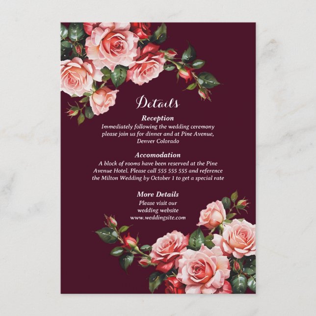 Dunkelrosa und rote Rosen bordeauxrote Hochzeit Begleitkarte (Vorderseite)