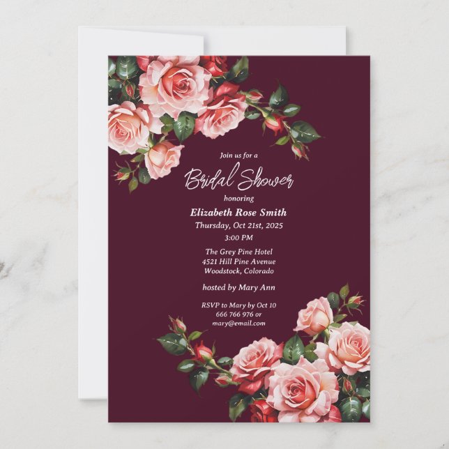 Dunkelrosa und rote Rosen bordeauxrote Hochzeit Einladung (Vorderseite)