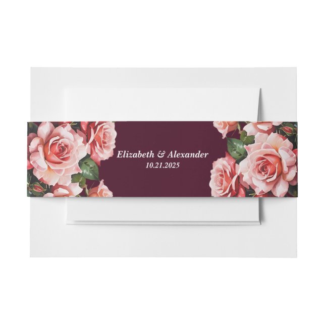 Dunkelrosa und rote Rosen bordeauxrote Hochzeit Einladungsbanderole (Vorderseite Beispiel)