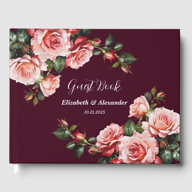 Dunkelrosa und rote Rosen bordeauxrote Hochzeit Gästebuch (Vorderseite)
