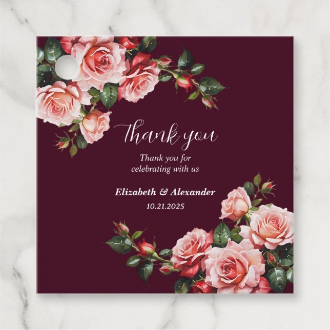 Dunkelrosa und rote Rosen bordeauxrote Hochzeit Geschenkanhänger (Vorderseite)