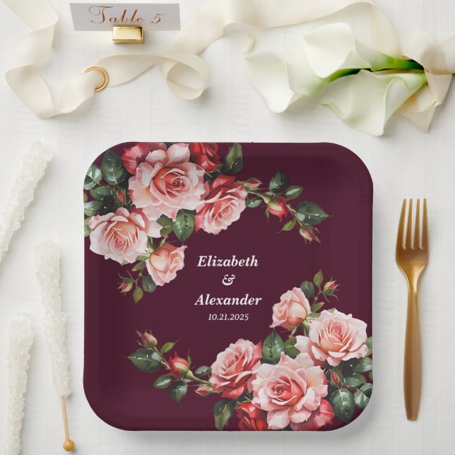 Dunkelrosa und rote Rosen bordeauxrote Hochzeit Pappteller (Hochzeit)