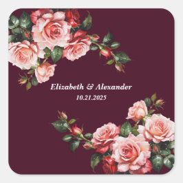 Dunkelrosa und rote Rosen bordeauxrote Hochzeit Quadratischer Aufkleber