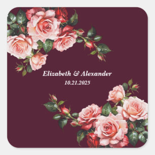 Dunkelrosa und rote Rosen bordeauxrote Hochzeit Quadratischer Aufkleber