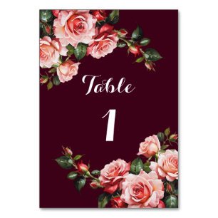 Dunkelrosa und rote Rosen bordeauxrote Hochzeit Tischnummer