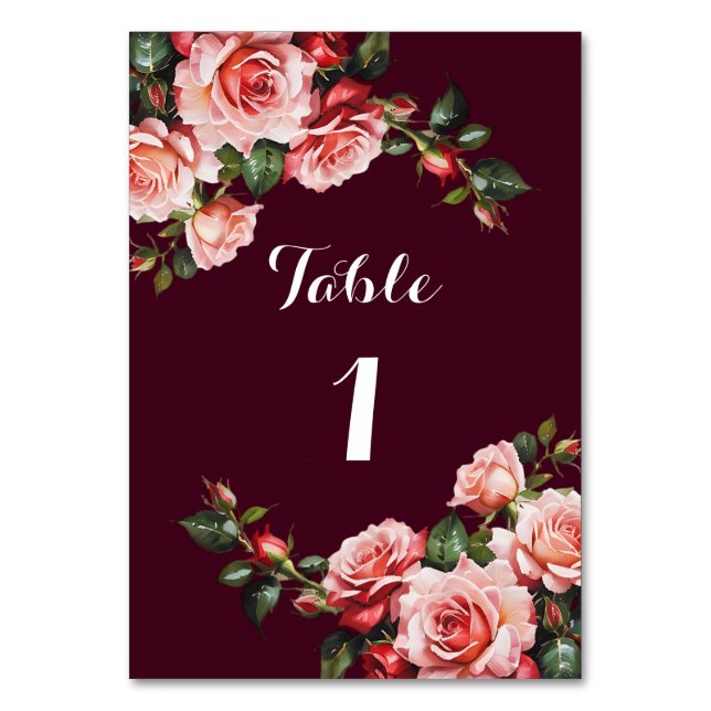 Dunkelrosa und rote Rosen bordeauxrote Hochzeit Tischnummer (Vorderseite)