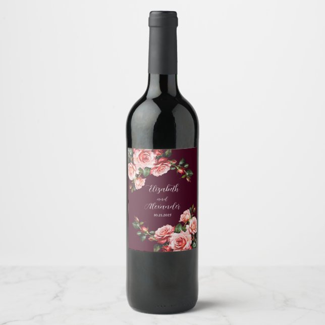 Dunkelrosa und rote Rosen bordeauxrote Hochzeit Weinetikett (Vorderseite)
