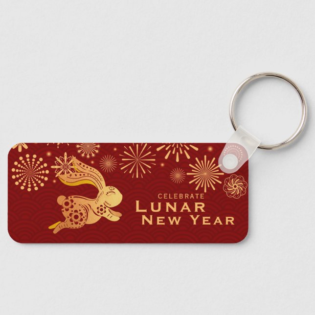 Dunkelrot Celebrate Lunar Neujahr 2023 Gold Rabbit Schlüsselanhänger (Vorderseite)