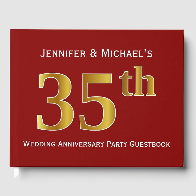 Dunkelrot, Imitats Gold 35. Hochzeitstag Party Gästebuch (Vorderseite)
