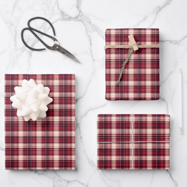 Dunkelrot, Rot und Creme Kariert Geschenkpapier Set (Vorderseite)