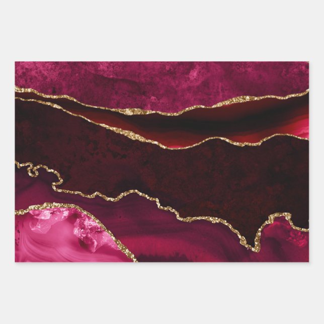 Dunkelrot und Gold Glitzer Marmorsäle Agate Geschenkpapier Set (Vorderseite)