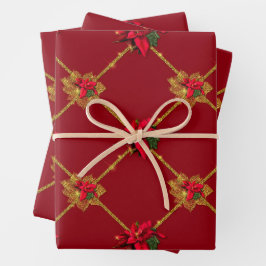 Dunkelrot und grüne Gold Poinsettia Weihnachten Geschenkpapier Set