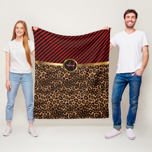 Dunkelrot und Leopard-Tierdruck in Monogramm Fleecedecke (Beispiel)