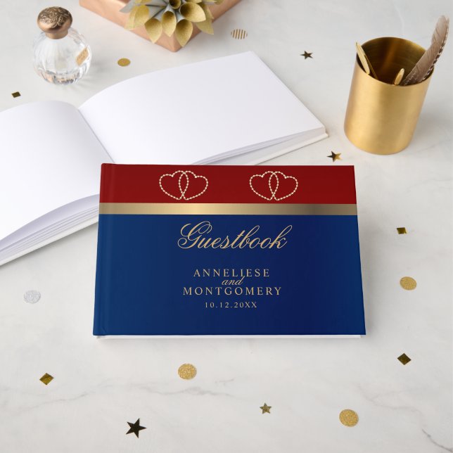 Dunkelrot und Navy Blau mit goldenen Herzen Gästebuch (Vorderseite Offen)