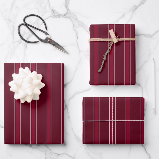 Dunkelrot und rote Streifen Geschenkpapier Set (Vorderseite)