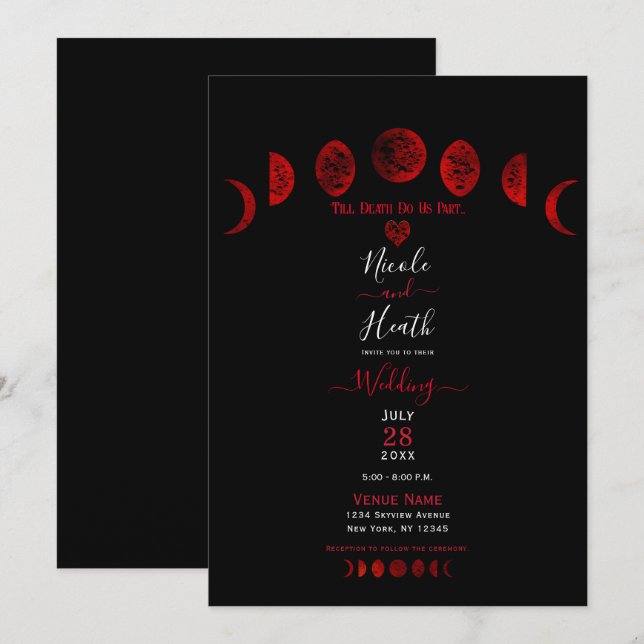 Dunkelrot und schwarzer Mond Phases Gothic Wedding Einladung (Vorne/Hinten)