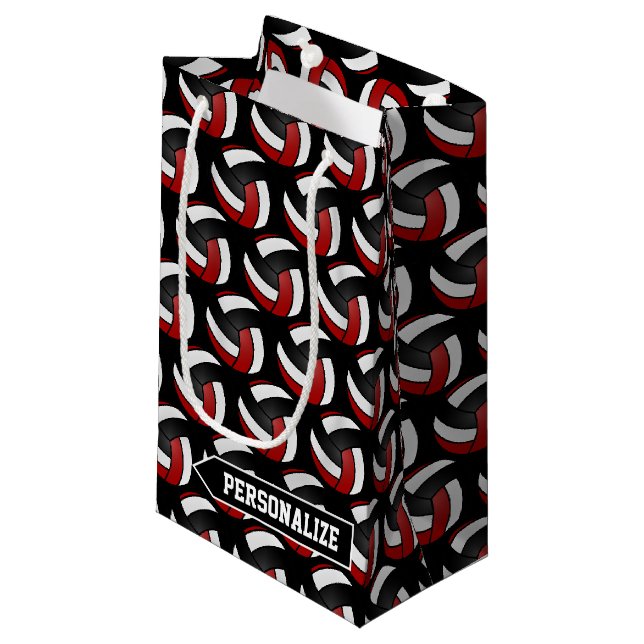Dunkelrot, Weiß und Schwarzer Volleyball - Persönl Kleine Geschenktüte (Vorderseite Schrägansicht)