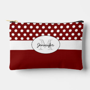 Dunkelrot Weißer Polka Punkte Retromuster Monogram Zubehörtasche