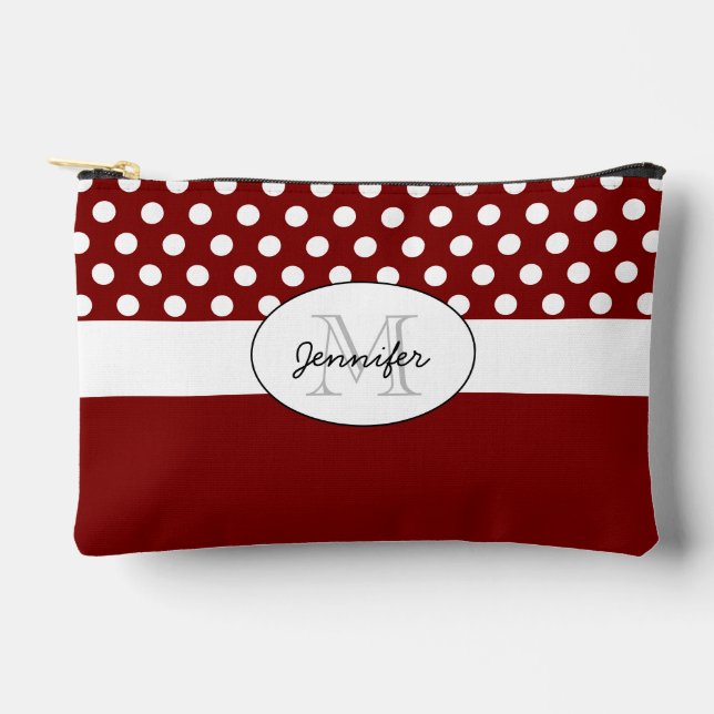 Dunkelrot Weißer Polka Punkte Retromuster Monogram Zubehörtasche (Vorderseite)