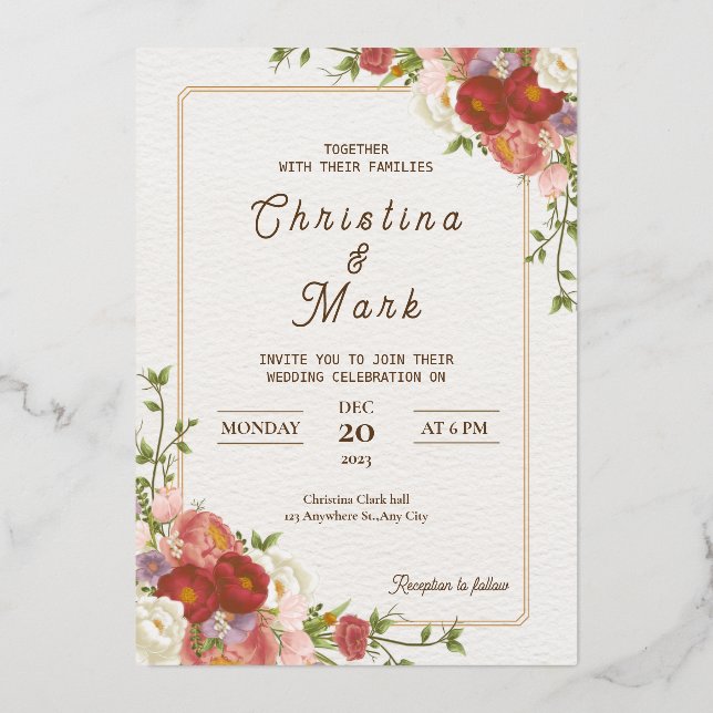 Dunkelrote Blume. Floral Simple Wedding Folieneinladung (Vorderseite)