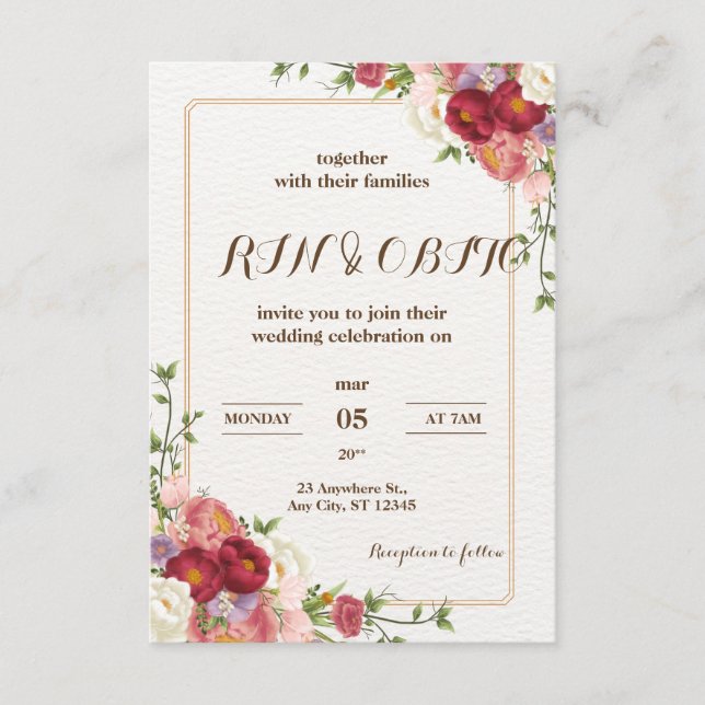 Dunkelrote Blume Hochzeit| Goldfolieninvatation Begleitkarte (Vorderseite)