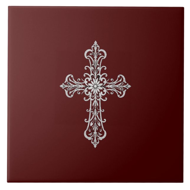 Dunkelrote Keramik mit Silberkreuz Fliese (Vorderseite)
