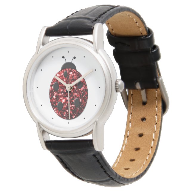 Dunkelrote Ladybug-Imitate Glitzer Glitzern Armbanduhr (Schrägansicht)