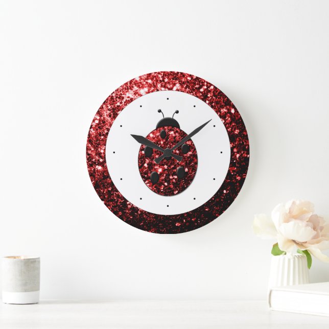 Dunkelrote Ladybug-Imitate Glitzer Glitzern Große Wanduhr (Zuhause)