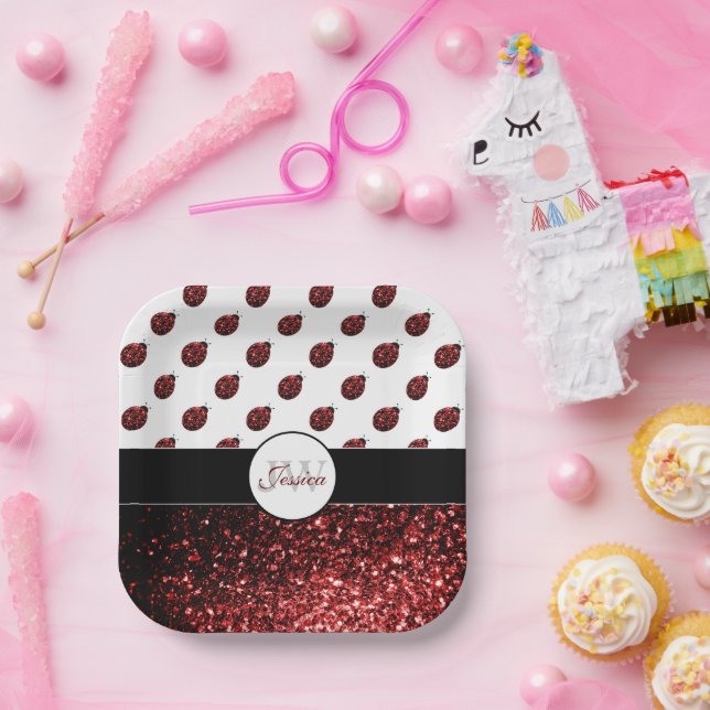 Dunkelrote Ladybug-Imitate Glitzer-Glitzern Monogr Pappteller (Party)