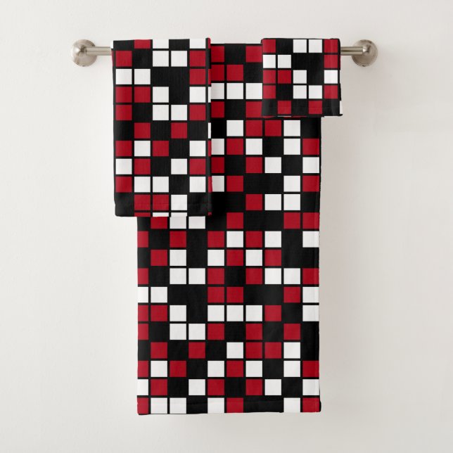 Dunkelrote, schwarze, weiße, zufällige Mosaikplätz Badhandtuch Set (Insitu)