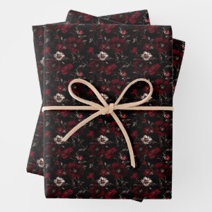 Dunkelrote und elfenbeinfarbene Blumen auf Schwarz Geschenkpapier Set