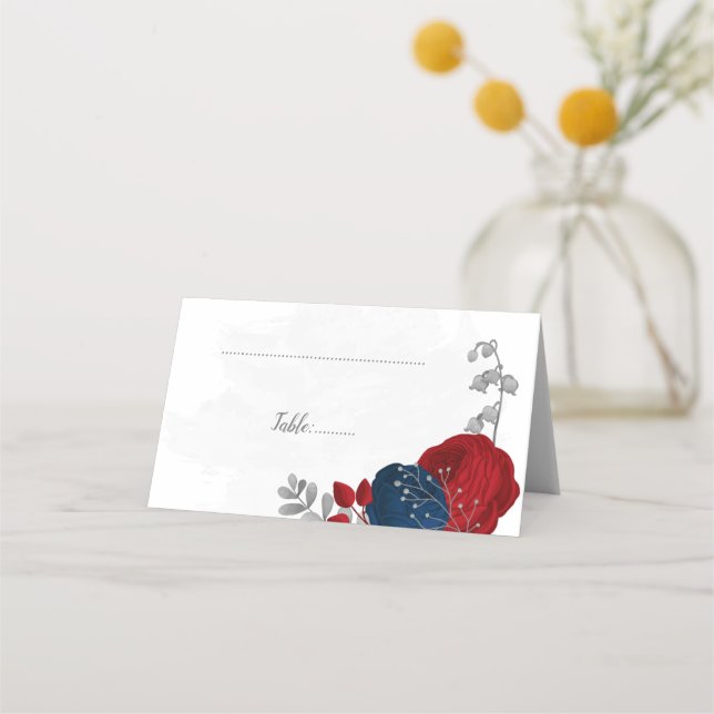 dunkelrote und marineblaue Blumen botanische Hochz Platzkarte (Vorderseite)