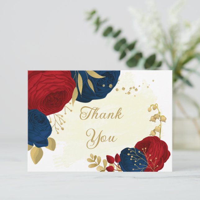 dunkelrote und marineblaue Blumen Goldhochzeit dan Dankeskarte (Stehend Vorderseite)