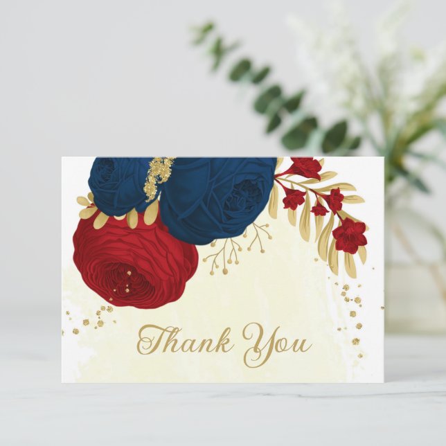 dunkelrote und marineblaue Blumen Goldhochzeit Dankeskarte (Stehend Vorderseite)