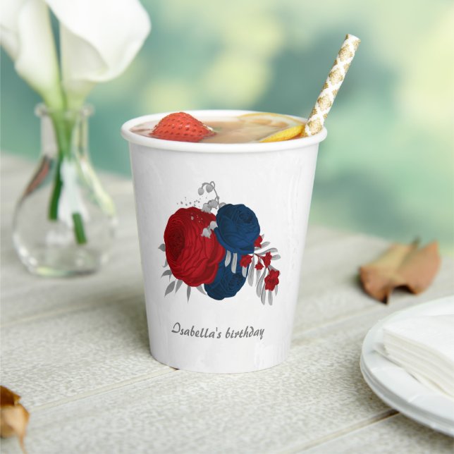 dunkelrote und marineblaue Blumen silber Pappbecher (In Situ)