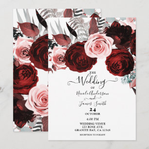 Dunkelrote und rosa Blüten, Grün, Weiße Hochzeit Einladung