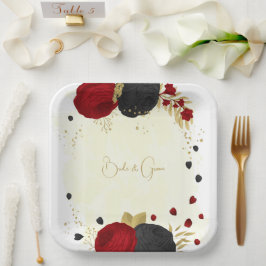 dunkelrote und schwarze Blume Gold Pappteller