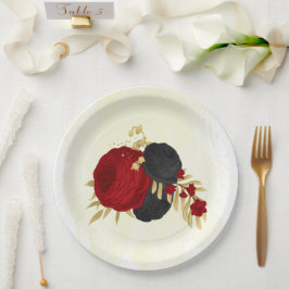 dunkelrote und schwarze Blume Gold Pappteller