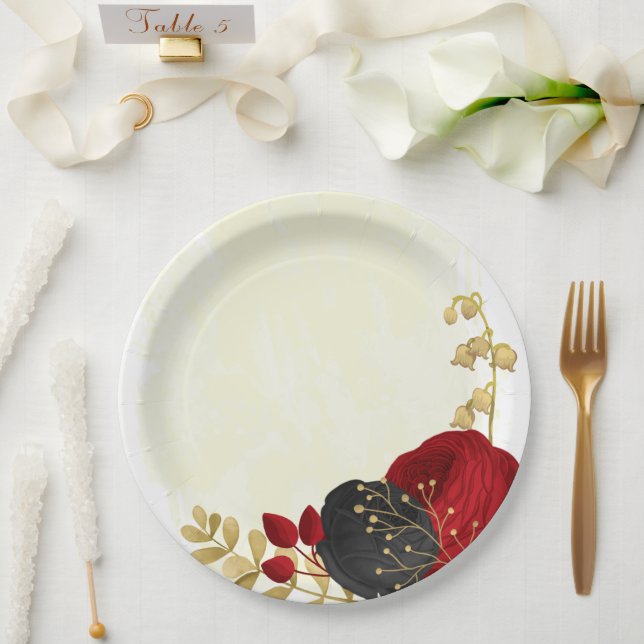dunkelrote und schwarze Blume Gold Pappteller (Hochzeit)