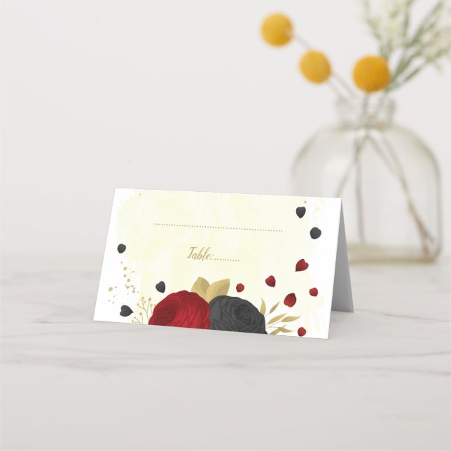 dunkelrote und schwarze Blume goldene botanische H Platzkarte (Vorderseite)