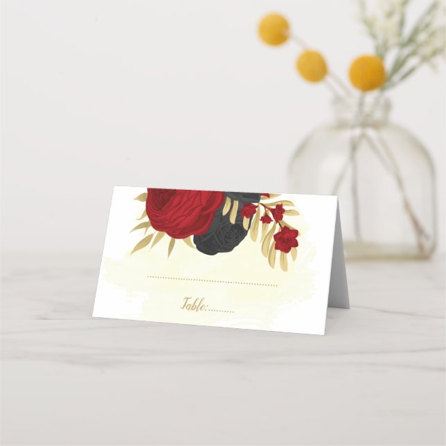 dunkelrote und schwarze Blume goldene botanische H Platzkarte (Vorderseite)
