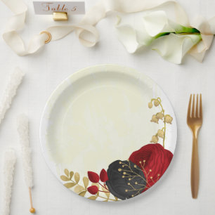 dunkelrote und schwarze Blumen Gold Pappteller