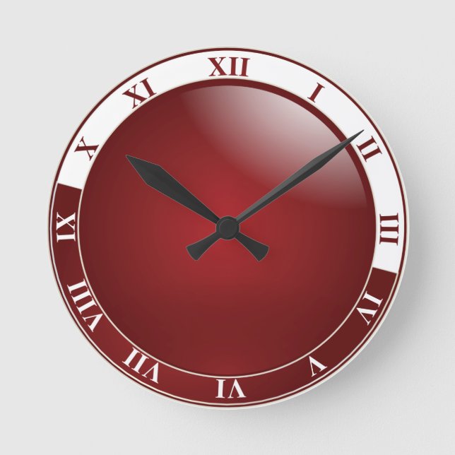 Dunkelrote und weiße römische Zahlen Runde Wanduhr (Vorderseite)