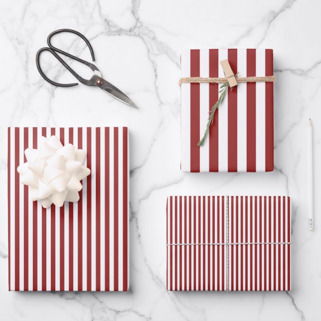 Dunkelrote und weiße Streifen Geschenkpapier Set (Vorderseite)