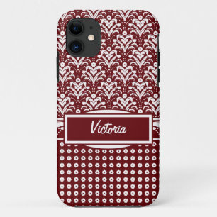 Dunkelroter und weißer Blumenkunst-Deko-Damast Case-Mate iPhone Hülle