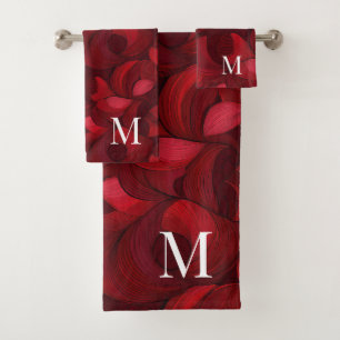 Dunkelrotes Abstraktes Leaf-Muster Mit Monogramm Badhandtuch Set