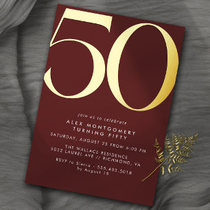 Dunkelrotes Burgund + Gold   Elegantes 50. Geburts Folieneinladung