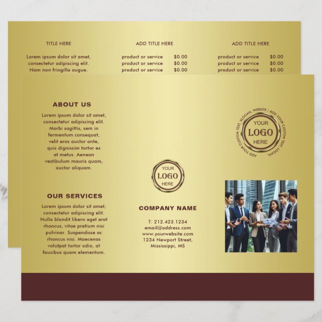 Dunkelrotes Golddesign, Logo- oder Fotobroschüren, (Vorne/Hinten)